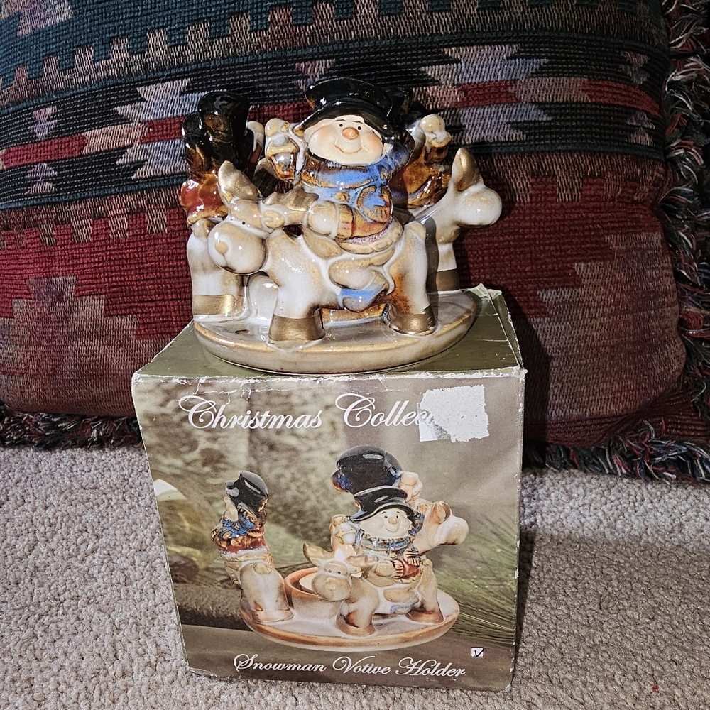 Ceramic Glazed Snowman Trio on Reindeer Tea Candle Holder Christmas Winter VTG